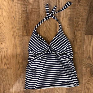 Lands' End Womens Navy Blue & White Striped Wrap Halter Tankini Swim Top Size 14